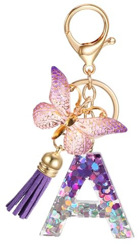 JSRQT Portachiavi con Lettera Iniziale A, Portachiavi con Lettera Alfabeto in Resina Viola per Donne Ragazze con Ciondolo Farfalla Nappa, Nome Lettera Iniziale Portachiavi per Borse Zaini Chiave