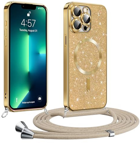 Phoona handyband Hülle für iPhone 13 Pro Max mit Band, Glitzer Handyhülle Kompatibel mit MagSafe, Ganzkörperschutz Kratzfeste Stossfest Schutzhülle mit Einstellbar Kette, Gold