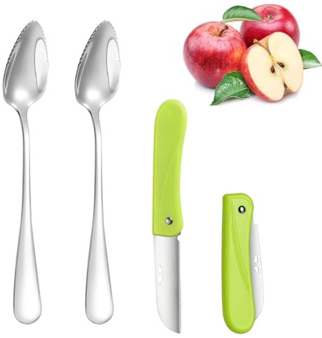 Hinapan 4 piezas de cuchara de pomelo, con 1 cuchillo plegable, cuchara de acero inoxidable con dientes, borde irregular y mango grueso, cuchara de fruta para kiwi, manzanas