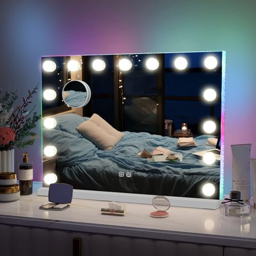 YU YUSING Hollywood Spiegel mit RGB Schminkspiegel mit Beleuchtung 58X46cm, 15 LED Licht Dimmbar Kosmetikspiegel 3 Modi, Vanity Spiegel Tischspiegel, 10X Vergrößerung für Schminktisch Schlafzimmer