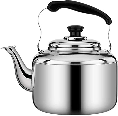 Wasserkocher für Gasherd, große Kapazität, Teekanne, Edelstahl, Teekocher, Pfeife, mit ergonomischem Griff, Camping (Silber, 5 l, 6 l)