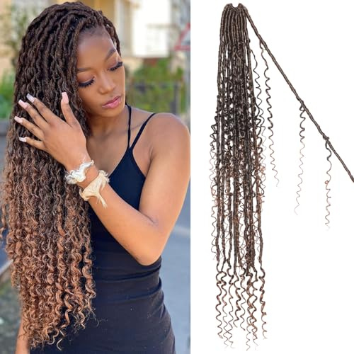 Boho Faux Locs Crochet Hair 30 Inch Goddess Locs 8 Packs Boho Soft Locs Crochet Hair with Curly Ends Pre-looped Long Bohemian River for Black Women (T30#, 30 Inch (Pack of 8))