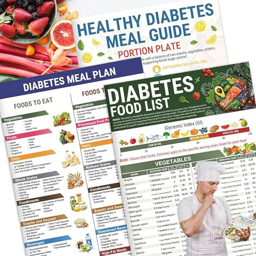 Tableau alimentaire pour diabétiques et planificateur de repas, 3 pièces liste des aliments pour diabète, tableaux muraux à faible indice glycémique en glucides, livre de planification des repas