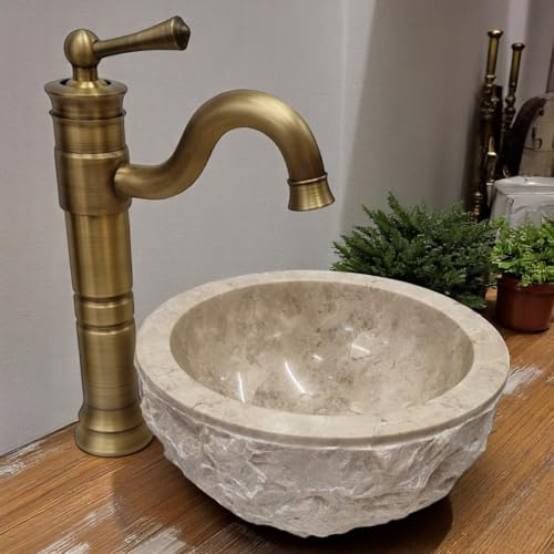Naturstein Waschbecken Marmor - Aufsatz Waschschale in 2 Größen - Heller Marmor mit grob behauener Außenseite (Beige - Ø 25 cm)