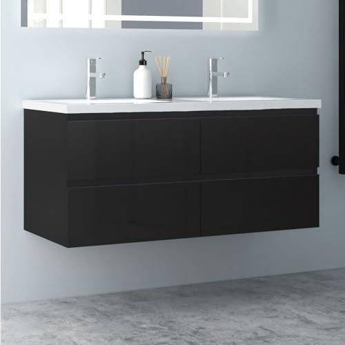 Biubiubath Badezimmermöbel 120cm Mineralguss Waschtisch mit Unterschrank Badmöbel Set Badezimmerschränke mit 2 Soft-Close Schubladen Hochglanz Schwarz