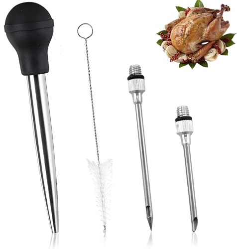 Turkey Baster Set of 4, Meat Baster for Cooking Stainless Steel Meat Injector with 2 Needles and Cleaning Brush, Practical Turkey Baster for Thanksgiving Christmas BBQ