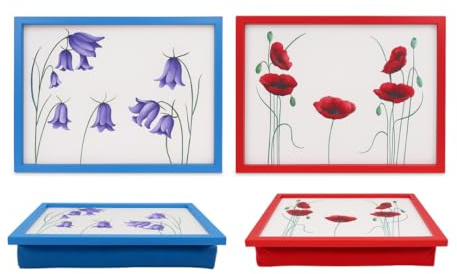 Lap Trays with Cushioned Bean Bag Base, Pack of 2, Wipe Clean Heat Resistant Laptray for Eating & TV Dinners, Floral Designs, 44 x 34 cm