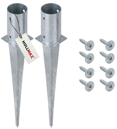 HOLLMAX 2 Stk. Einschlaghülsen/Bodenhülsen rund (81 mm) inkl. Schrauben, silber verzinkt, für gefräste und teilgefräste Pfosten