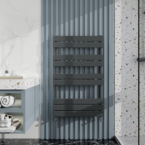 Heated Towel Rail Radiator: Wall Mounted Bathroom Heater with Central Heating, Modern Flat Ladder Panel 1000×600mm Anthracite