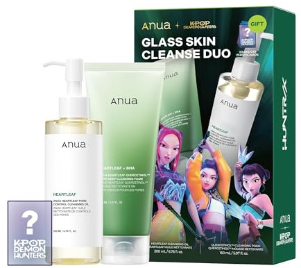 Anua Glass Skin Cleanse Duo, Kpop Demon Hunters, Korean Skincare | Double Cleansing, Gesichtsreiniger, Heartleaf Pore Control Reinigungsöl 150ml, Quercetinol Deep Cleansing Foam 200ml