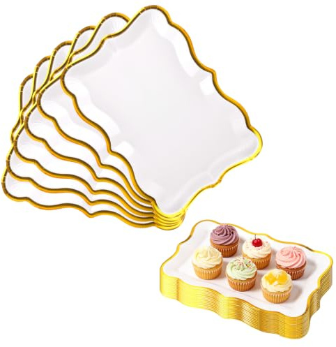 ZUYIST 20 Elegant Serving Platters,White Serving Platters with Gold Border | Food Party Trays Reusable for Finger Food - Catering, Buffets, Birthdays, Weddings & Parties,33 x 23cm