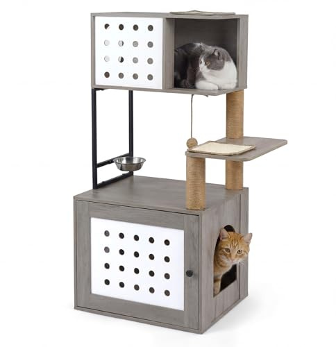 FANTASK Arbre à Chat à Plusieurs Niveaux, Armoire à Chat en Bois avec mangeoire, poteaux en sisal, Tapis à gratter et entrée, Maison pour Chat avec litière pour Chat, Arbre à Chat (Gris)