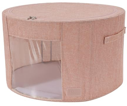 Periea 'Abby' Round Home Storage Boxes with Zip Lids, Front Window & Folding Steel Frame (Pink Linen, Large)