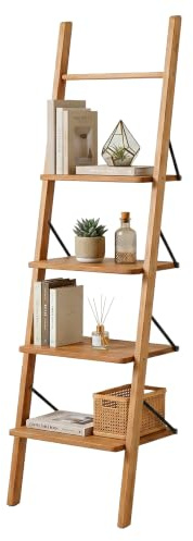 Relaxdays Leiterregal Walnussholz, 4 Etagen, Bad, Küche, Wohnzimmer, Natur | Standregal zum Anlehnen, HBT: 180x44x35 cm