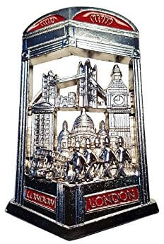 London in a Telephone Box Fridge Magnet - Metal/Silver and Red Colour/Word and Icons/Tower Bridge/Big Ben/St. Paul's Cathedral/Double Decker Bus/Royal Guards/Phone Booth/British UK Souvenir