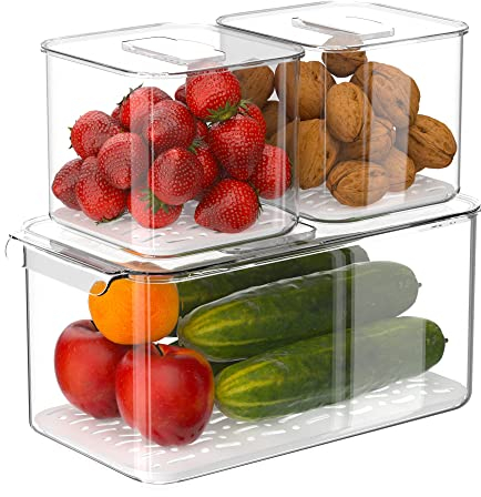 iPEGTOP Fridge Food Storage Containers Set, Stackable Fresh Fruit Vegetables Freezer Organizer Bin with Vented Lids for Refrigerator, Pantry and Kitchen Cabinets, BPA Free, Clear, Set of 3