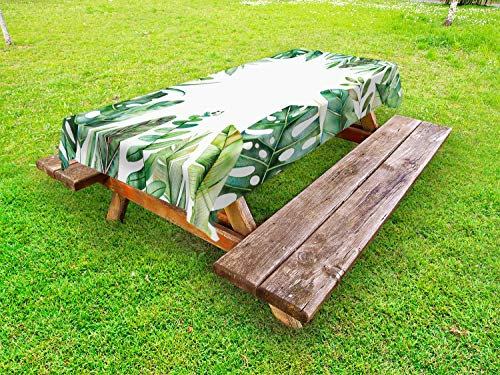 ABAKUHAUS Pflanze Outdoor-Tischdecke, Jungle Themed Bild, dekorative waschbare Picknick-Tischdecke, 145 x 210 cm, Farngrün Weiß