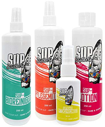 SUP Brothers Reinigungs- und Pflege Set für Stand Up Paddle Boards und Schlauchboote I SUP-Zubehör I Wassersport-Zubehör I Intensiv-Reiniger I Bio-Reiniger I Pflegemittel I Pflege-Lotion