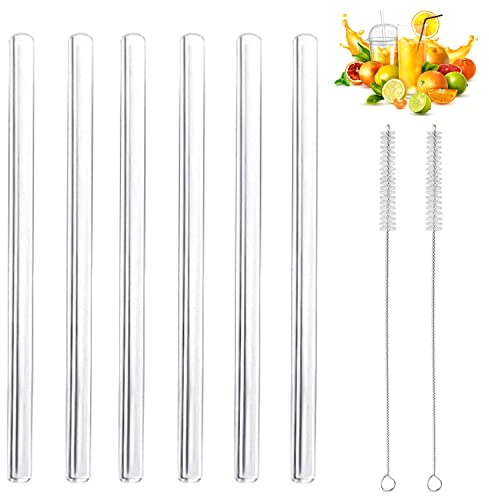 Lot de 6 pailles réutilisables - Courtes et droites - 15 cm + 2 brosses de nettoyage - Passe au lave-vaisselle - Durables - Pailles en verre pour verres à cocktail