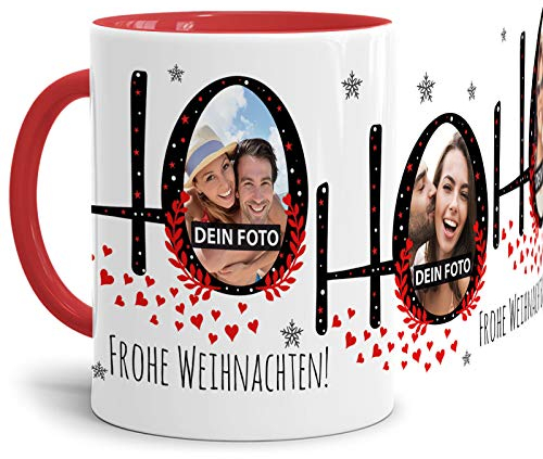 Tassendruck Weihnachts-Tasse HO HO HO zum SELBSTGESTALTEN mit Foto-Collage für 3 WUNSCHFOTOS - Persönliches Geschenk für Freunde und Familie - Innen & Henkel Rot