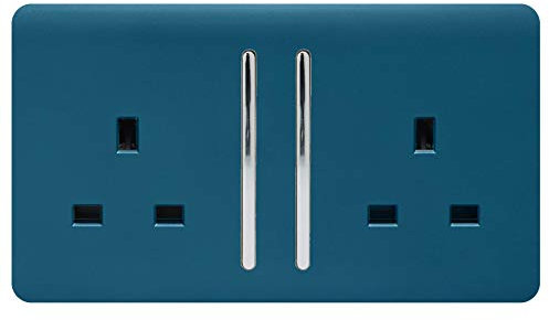 Trendi 2 Gang Raised Artistic Modern Glossy Screwless 13 Amp Single Pole with Chrome Switched UK Standard Electrical Double Wall Plug Socket in Midnight Blue - ART-SKT213LMD