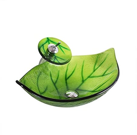 LWX Grünes Blatt Form Waschbecken, Poliertes Gehärtetes Glas Art Basin Runde Schüssel, Badezimmer Waschbecken Waschbecken,5 Accessories