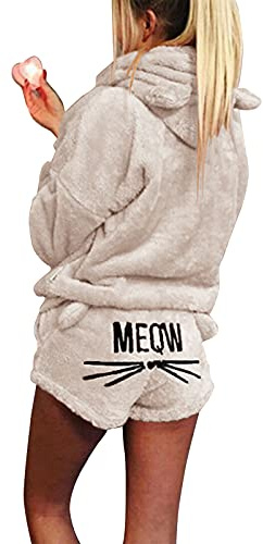 Donne Gatto Ricamo Pigiama 2pcs Inverno Carino Ragazze Con Cappuccio Indumenti Da Notte Gatto Orecchio Accappatoio Manica Lunga Pantaloncini In Pile Tuta Tuta, Beige, S