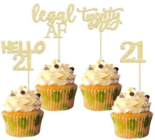 Gyufise 24Pcs Gold Glitter 21st Birthday Cupcake Toppers Legal AF Cake Decorations Hello 21 Twenty One Cupcake Picks for 21st Birthday Cake Decorations Supplies