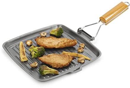 Homiu Plancha de acero al carbono con superficies antiadherentes con mango plegable para estufas y parrillas (cuadradas)