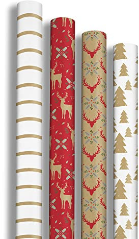 Clairefontaine 223877AMZC - Karton mit 10 Rollen Geschenkpapier Kraft 70g, 5x0,70m, ideal für Weihnachten, Lovely Home Red, 1 Karton