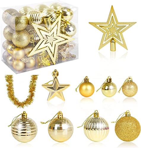 VEYLIN Christmas Tree Decorations Set of 40 Gold Christmas Baubles Hanging Ball Tinsel Garland Star Tree Topper Ornaments