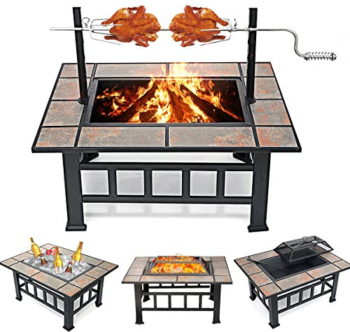 SINGLYFIRE 94 cm Feuerschalentisch mit Grill für draußen, große, quadratische Holzfeuerstelle, robuste Stahl-Feuerstelle, Kochen mit Funkenschutz, Holzrost, Schürhaken für Hinterhof, Garten, Camping