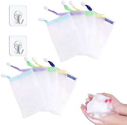 Borsa Sapone Rete,10 Pezzi Sacchetti Rete per Sapone con 2 Ganci Rete per Sapone Solido a Doppio Strato con Coulisse Sacchetti Sapone Solido per Sapone Schiumogeno per Lavaggio Doccia (Colori Casuali)