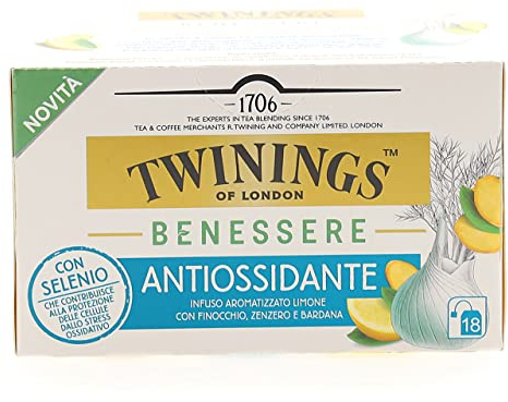 Twinings, Benessere Antiossidante, Infuso Aromatizzato al Limone con Finocchio, Zenzero e Bardana, con Selenio Protezione Stress Ossidativo, 4 Confezioni da 18 Filtri (72 Filtri Totali)