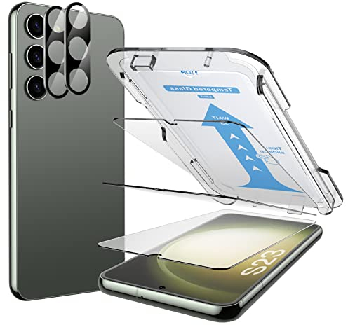 Mowei 3+2 Piezas Protector Pantalla para Samsung Galaxy S23, 3X Cristal Templado y 2X Protectores de Lente de Cámara, Dureza 9H, Huellas Dactilares ID, Compatible con Funda