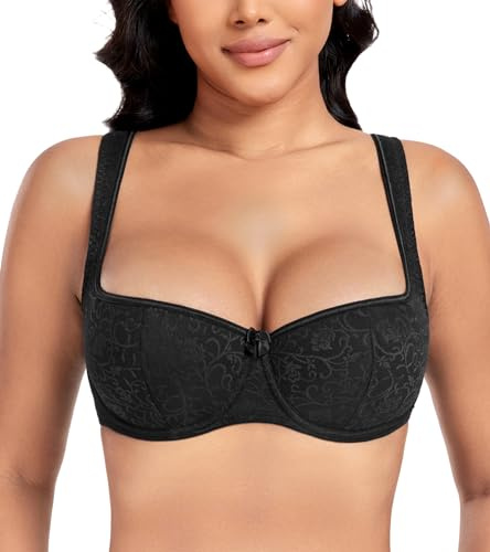 DotVol Women's Lightly Padded Lace Balconette Bra Underwired | Push Up Naturally, Wide Cushioned Straps, Embroided Lace Cup, Breathable Mesh Wing, Demi Cup, Square Neckline