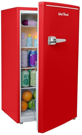 West Bend WB0310RCRXR Retro-Mini-Kühlschrank für Heimbüro oder Wohnheim, manuelles Abtauen und einstellbare Temperatur, 10 Kubikmeter, Rot
