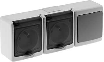 Enchufe de 2 enchufes con interruptor individual, cristal ahumado, IP44, 16 A/250 V, Schuko para entornos húmedos, color gris