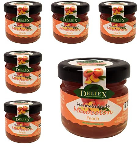 Deliex delicias de Extremadura. 30 Mermeladas pequeñas sabor melocotón. Miniaturas de mermeladas en cristal 30 gr, detalles a invitados en bodas, comuniones, bautizos (Melocotón, 30 Tarros)