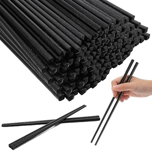 Dandat 48 pares de palillos reutilizables de fibra de vidrio negros de 9.5 pulgadas, palillos de cocina antideslizantes con flor de cerezo, aptos para lavavajillas, para alimentos de estilo chino