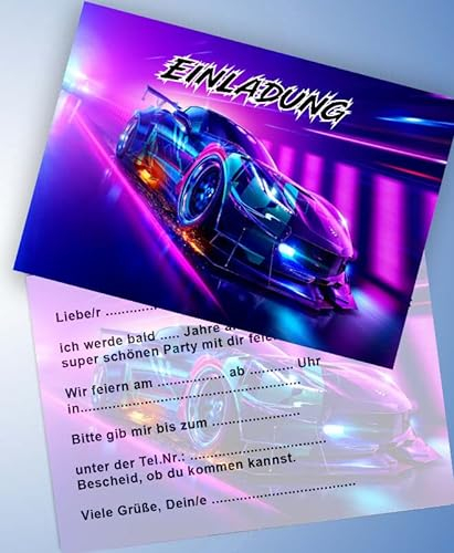 ich 12 Einladungskarten & 12 Umschläge für Geburtstag Partys und Kindergeburtstag Auto Sportwagen Car Nr. 2