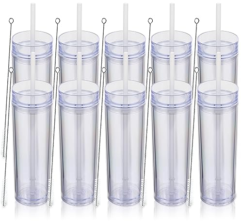 Volhoply 480ml plastique Skinny Gobelets Avec Couvercle et Paille Bulk 4 Pack, Isolé Double Paroi Bpa Free Matte Acrylique Gobelets, Glaçons de Voyage Party Cup,Cadeaux Diy(Claire,10 Set)