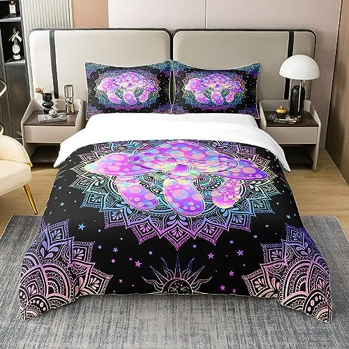 100% Baumwolle Pilz Bettwäsche Set Bohemian Mandala Bettbezug für Kinder Jungen Mädchen Psychedelic Stern Sonne Mond Tröster Bezug Trippy Lila Teal Ombre Bettbezug mit 1 Kissenbezug 155x220