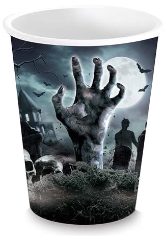 FIESTAS GUIRCA | 6 Gobelets Jetables de Cimetière (240 ml) (9 cm) - Décoration de Table pour Fêtes d'Halloween - Idéal pour Célébrations Effrayantes - Gris