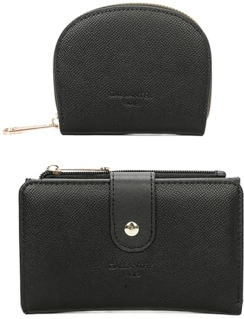 Gallantry - Portefeuille Bi-Plis Mi-Longue et Porte-Cartes Femme Similicuir Grainé - Coffret Cadeau de 2 PCS - Grande Capacité - Noir