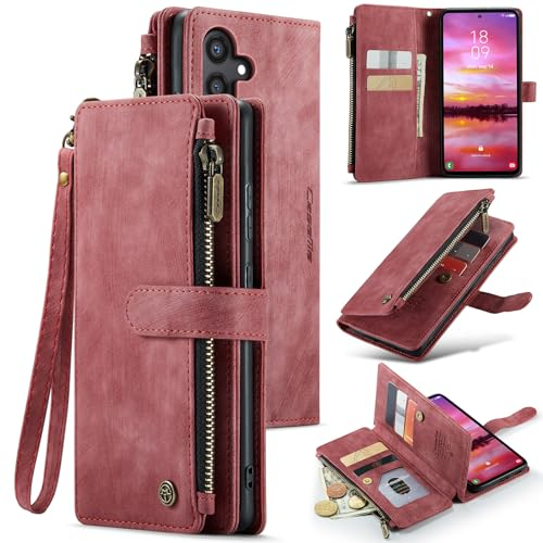 UEEBAI Étui Portefeuille pour Samsung Galaxy S24 5G, Fait à la Main en Cuir PU avec Emplacements pour Cartes Fermeture Magnétique avec Hand Strap Poche à Fermeture éclair et Béquille Portable -Rouge
