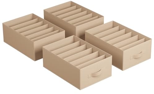 SONGMICS Kleiderschrank-Organizer 4er Set, Aufbewahrungsbox 6 Fächer, Schubladen-Ordnungssystem, Ordnungsboxen faltbar, 42 x 30 x 17 cm, für Hosen, Kleidung, sandbeige RUS009K01