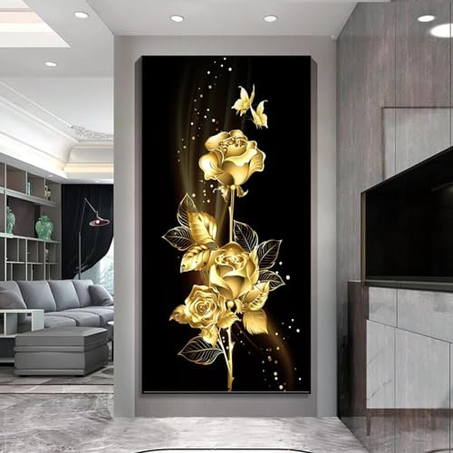 Fleur noire dorée Rose papillon abstrait grande peinture végétale d'art nordique tableau mural moderne pour décor de salon 25x50 cm/10x20 pouces sans cadre