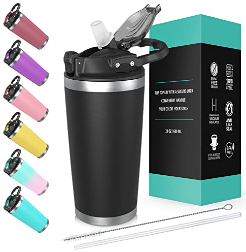 Travel Mug with Lid and Straw 20oz, Vacuum Insulated Coffee Tumbler Cup,Stainless Steel Tumbler, Double Wall Travel Coffee Mug with Splash Proof Lid, Keep Coffee Tea Hot Cold (Black)