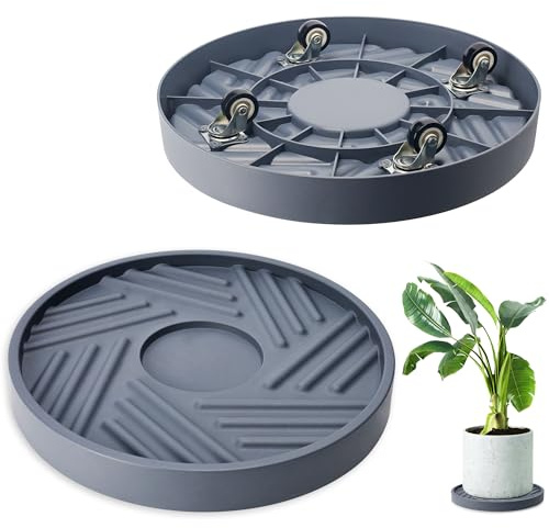 REDHUGO 2PCS Round Plant Caddy with Hidden Wheels, Heavy Duty Rolling Plant Stand Caddy with Wheels, Pot Base for Indoor Outdoor, Gray, 11 inches